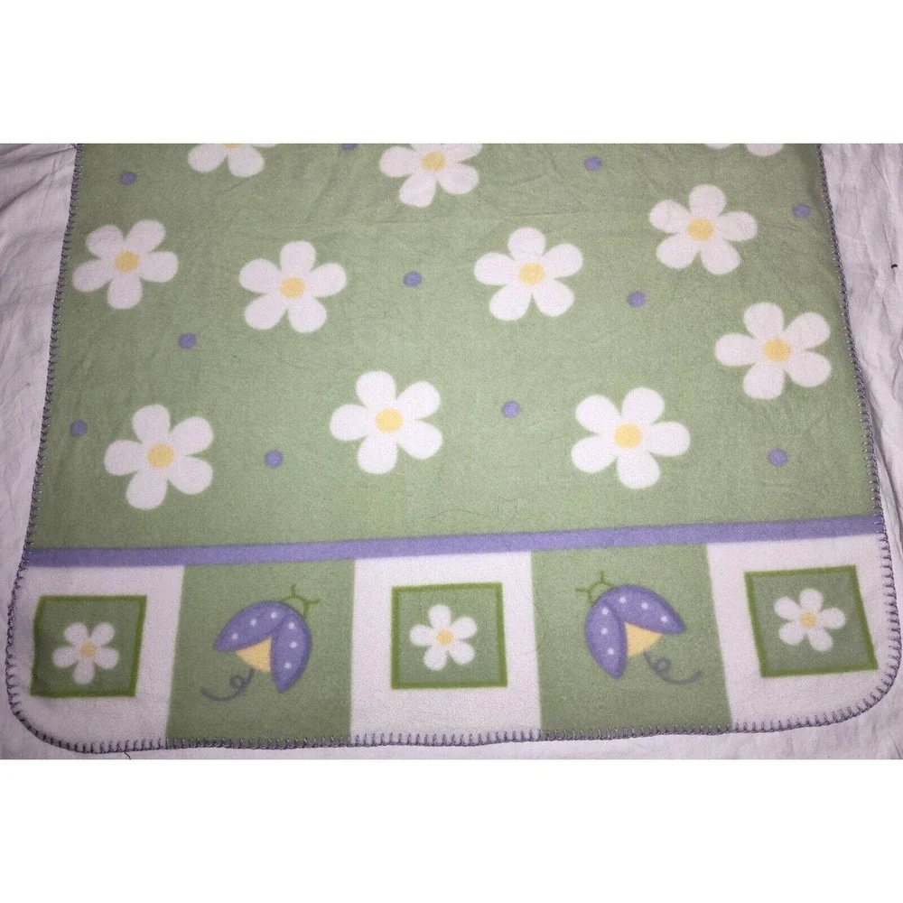 Lamb's & Ivy‎ Green Fleece Flower Ladybug Baby Blanket htf Rare Daisy Thin